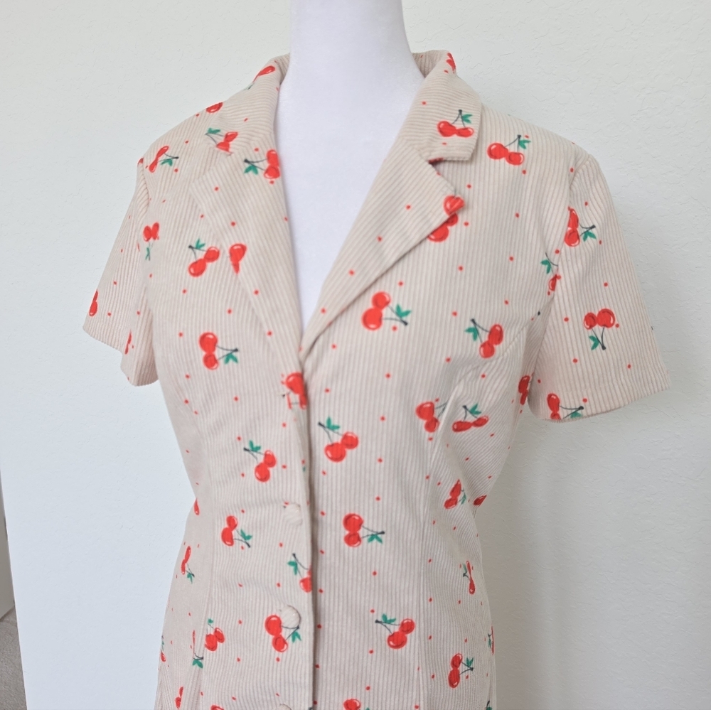 Cherry Mini Dress Size M Cottagecore Coquette Button Front Collared A-Line - Picture 6 of 9